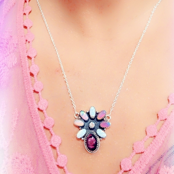 Opal & Purple Spiny & CZ Sterling Gemstone Necklace